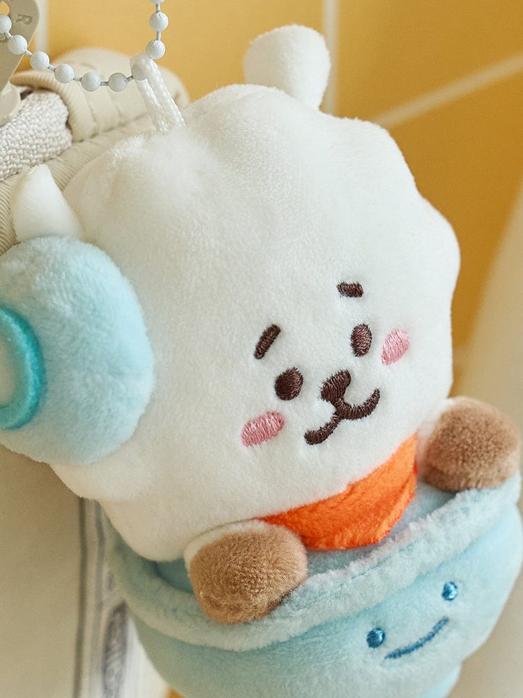 BT21 RJ WELCOME PARTY RICE BOWL DOLL KEYRING (S) : porte-clés officiel LINE FRIENDS, RJ en peluche sur fond jaune