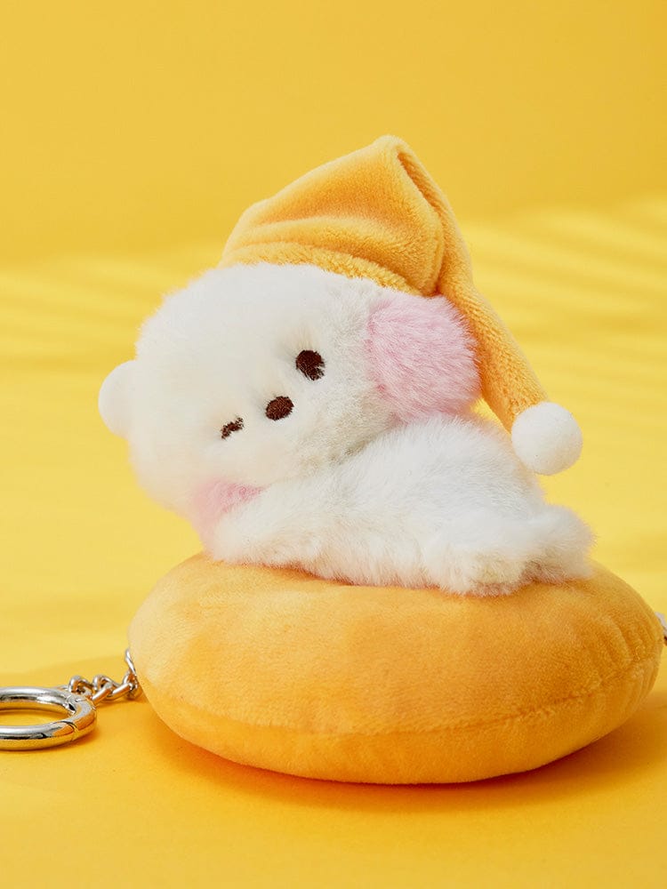 BT21 RJ mini minini PLUSH KEYRING CHILL BREAK : porte-clés alpaga RJ en peluche, sur fond jaune, style K-pop officiel LINE.