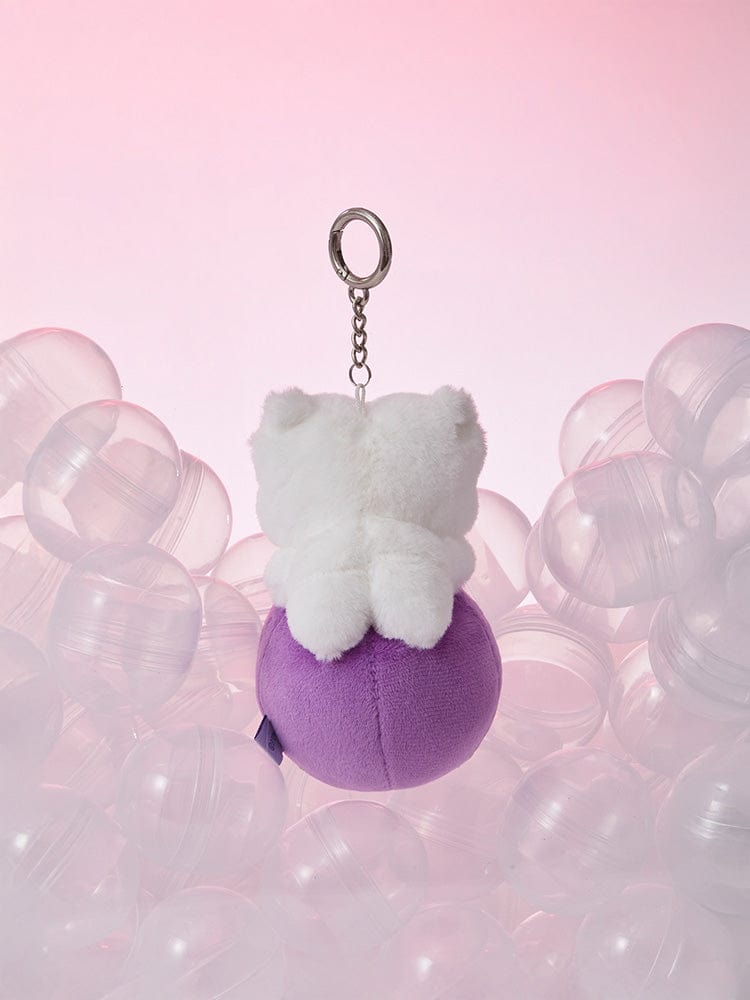 BT21 RJ minini PLUSH KEYRING LUCKY GATCHA, porte-clés peluche RJ sur fond rose avec bulles, style K-pop officiel LINE.