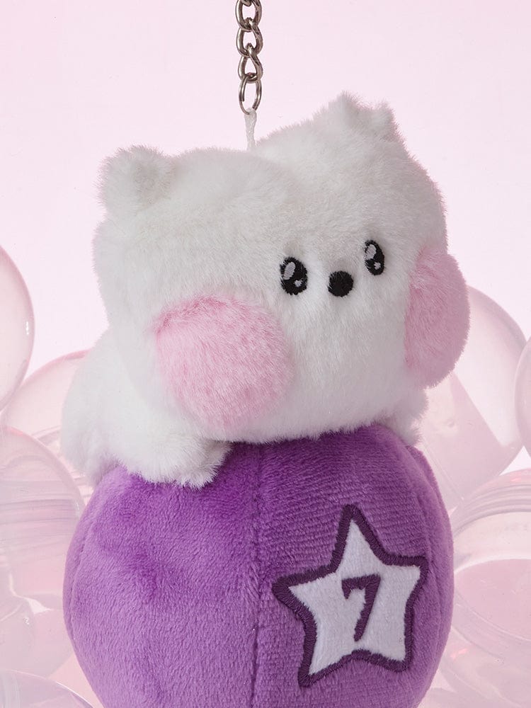 BT21 RJ minini PLUSH KEYRING LUCKY GATCHA, porte-clés alpaga peluche gris et violet Jin BTS, fond rose