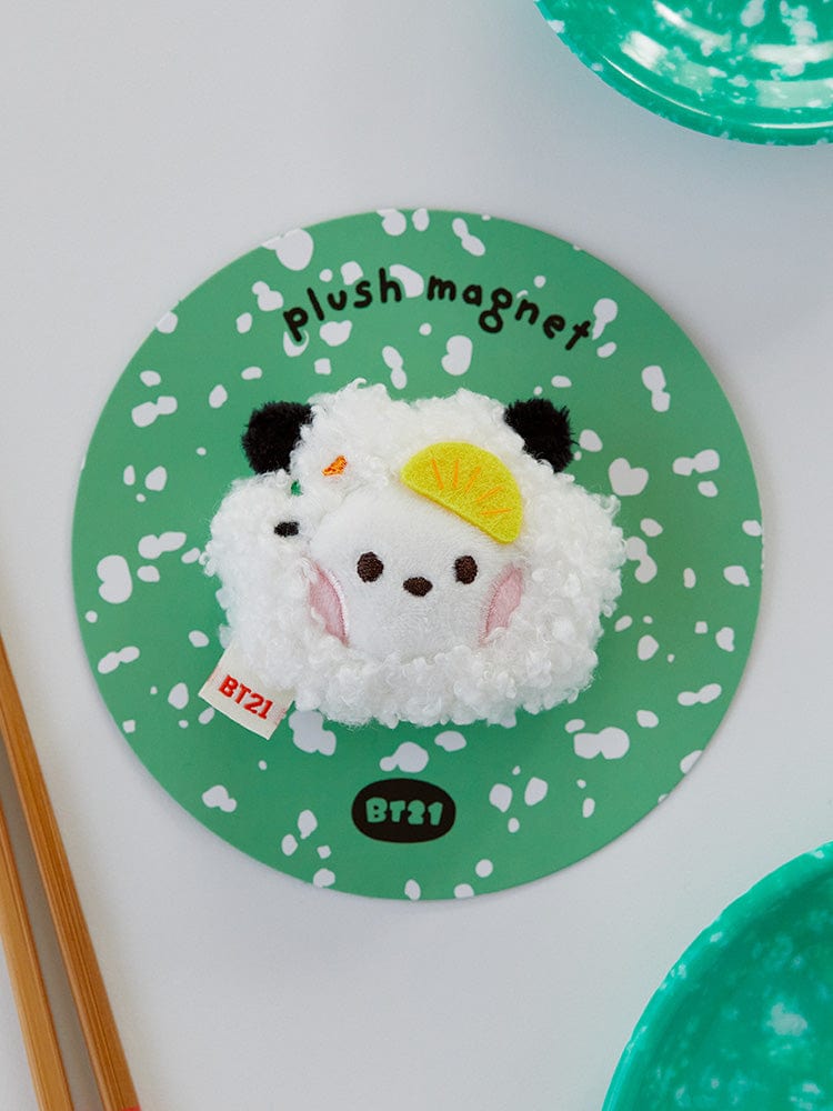 BT21 RJ minini PLUSH MAGNET BUNSIK, peluche magnétique officielle sur fond vert avec décor stickers, style chambre.