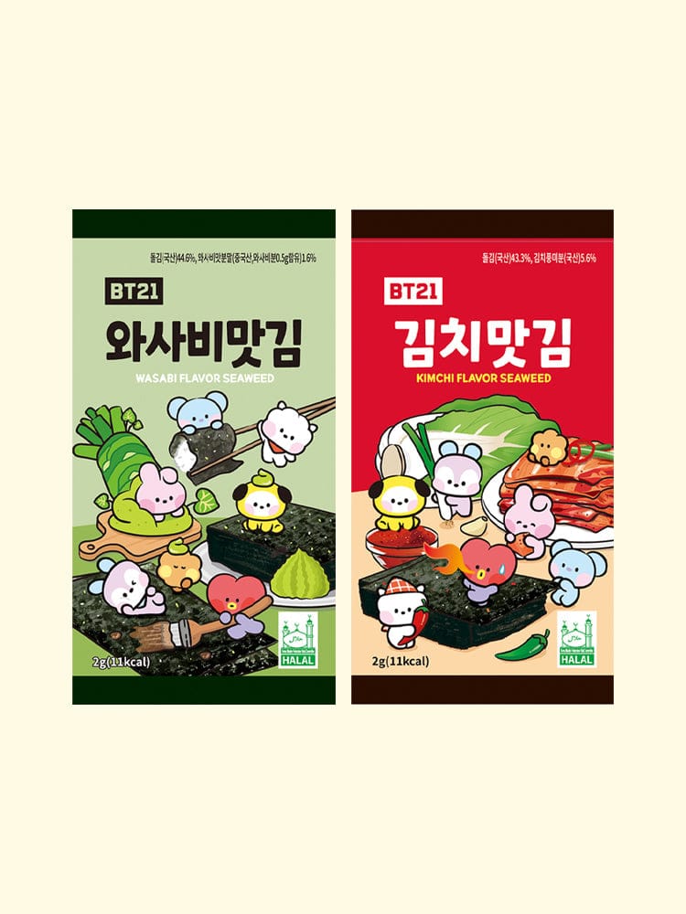 BT21 SEAWEED (2g, 16ea) de LINE FRIENDS : packs d’algues assaisonnées kawaii, personnages BT21 sur fond jaune.