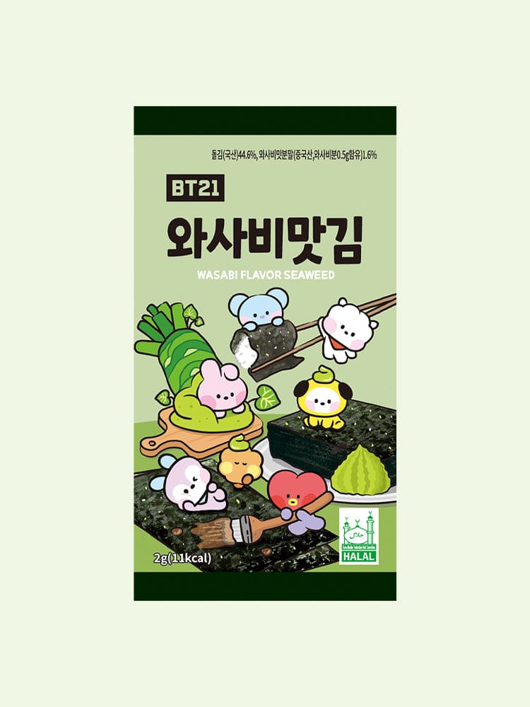 BT21 SEAWEED (2g, 16ea) LINE FRIENDS : sachet d’algues kawaii, personnages BT21, décor vert sur fond clair.