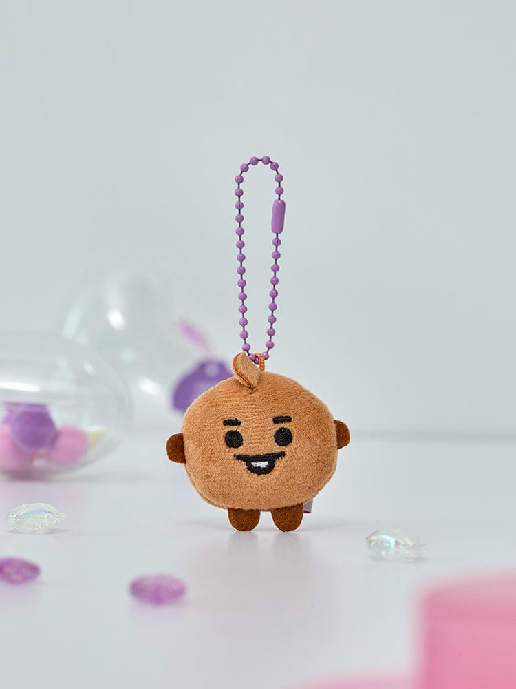 BT21 SHOOKY BABY PEARL PLUSH KEYRING : porte-clés peluche SHOOKY, perles violettes, fan K-pop LINE FRIENDS sur fond pastel.