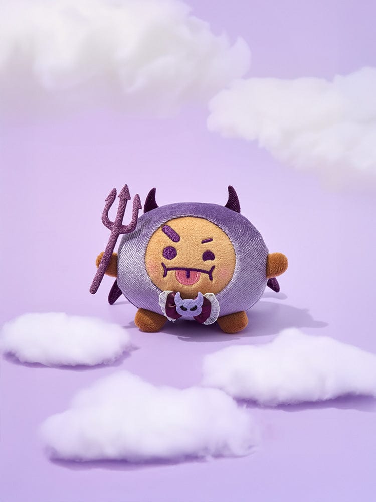 BT21 SHOOKY VILLAIN PLUSH ANGEL & VILLAIN LINE FRIENDS, peluche Shooky malicieuse sur nuages violets.