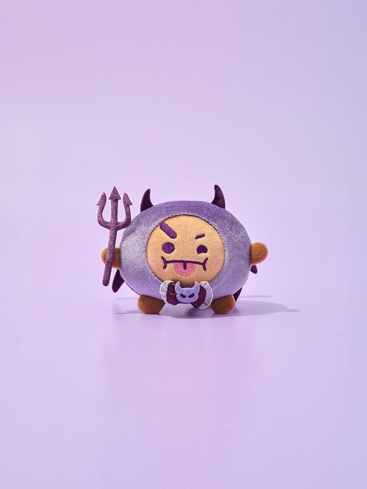 BT21 SHOOKY VILLAIN PLUSH ANGEL & VILLAIN, peluche officielle LINE FRIENDS: SHOOKY ange & vilain sur fond violet.