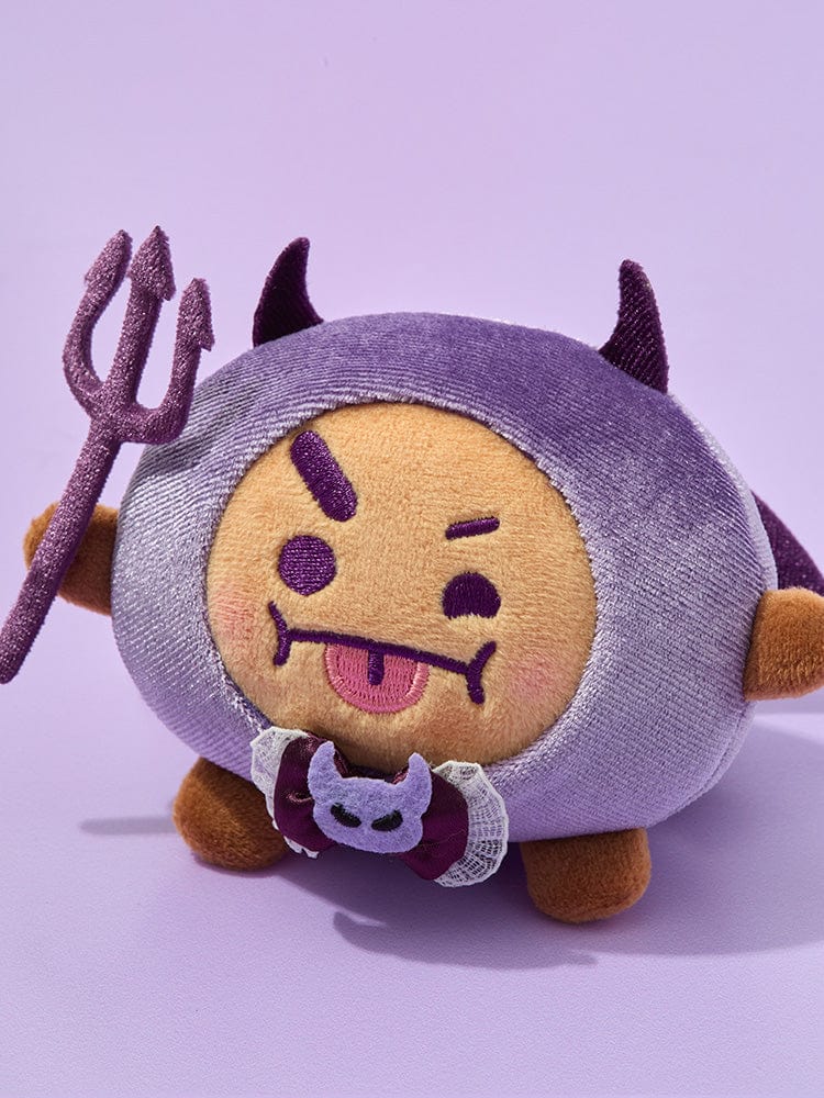 BT21 SHOOKY VILLAIN PLUSH ANGEL & VILLAIN, peluche officielle LINE FRIENDS sur fond violet, personnage SHOOKY malicieux