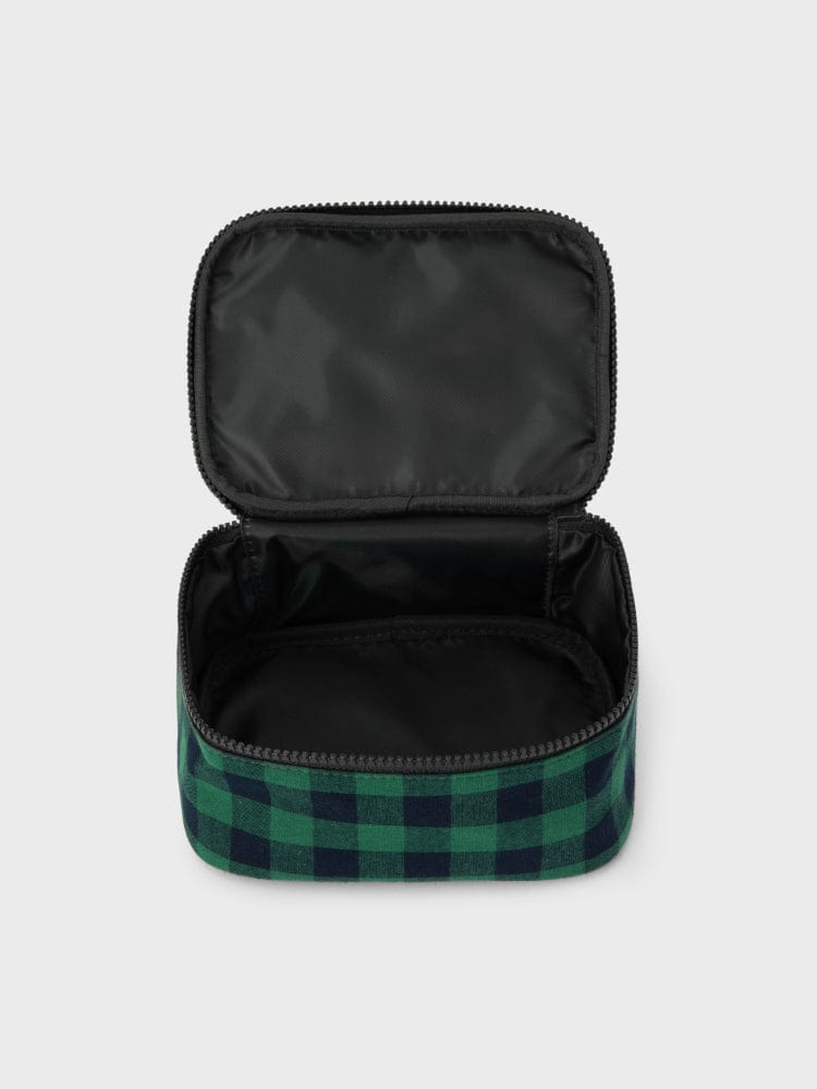 BT21 SHOOKY minini CHECKERED POUCH BASIC, pochette arrondie noire à carreaux verts, motif SHOOKY LINE FRIENDS.