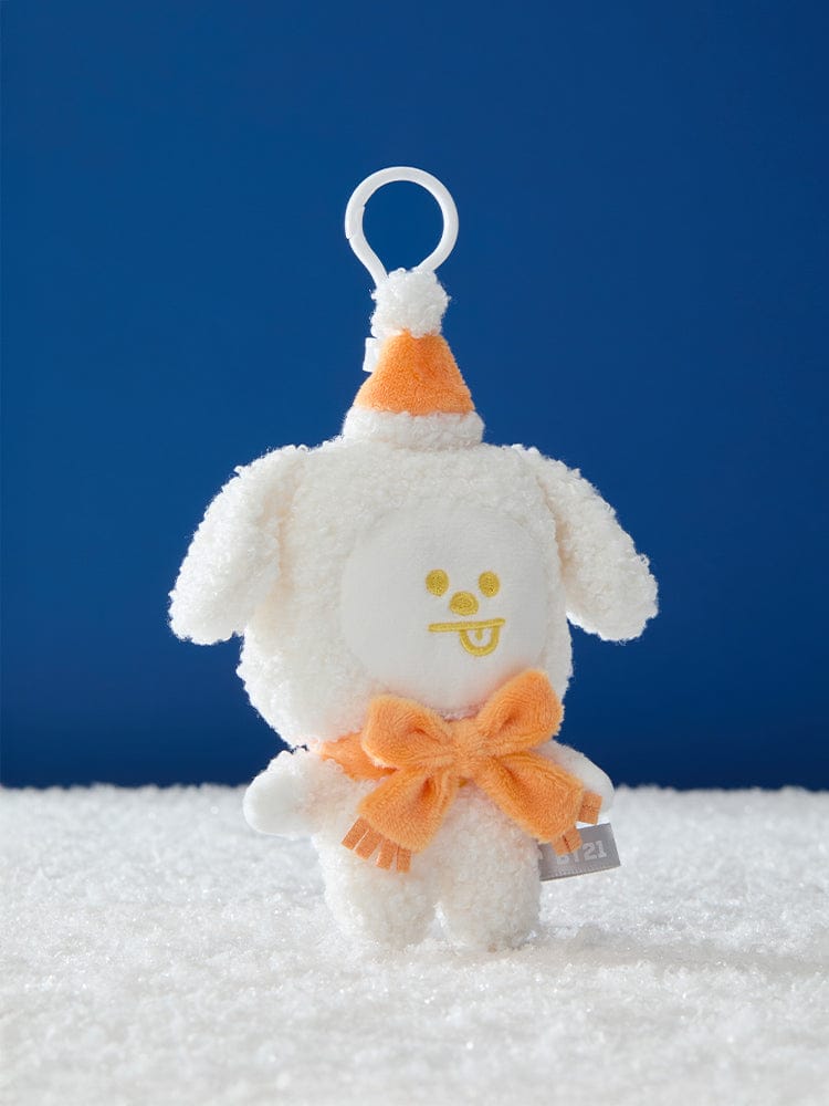 BT21 SNOWMAN PLUSH KEYRING, porte-clés peluche bonhomme de neige LINE FRIENDS sur fond bleu, fan K-pop