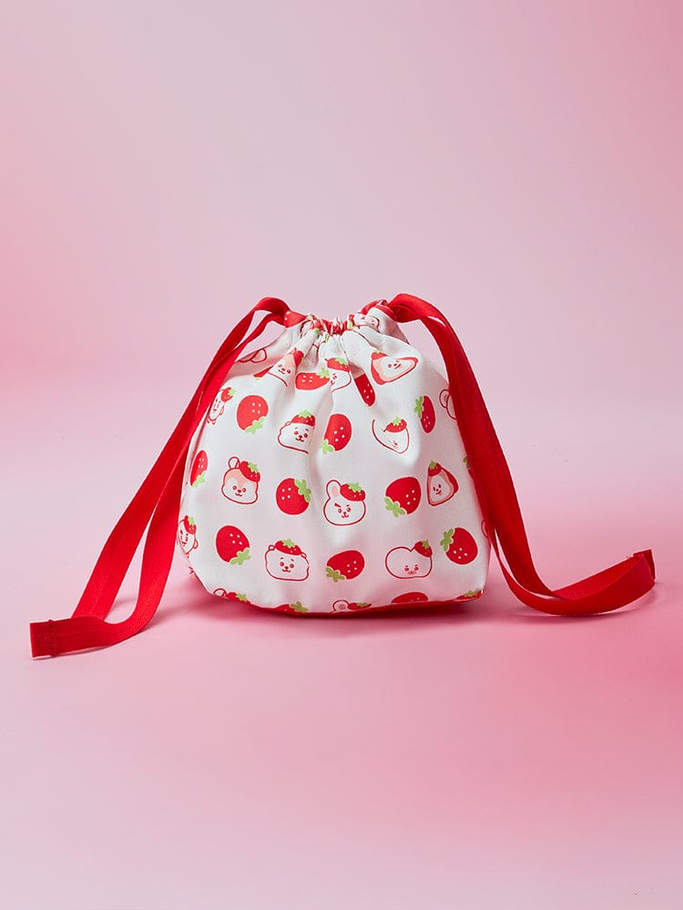 BT21 STRING POUCH STRAWBERRY PARTY, pochette à cordon LINE FRIENDS avec motifs fraises rouges sur fond rose.