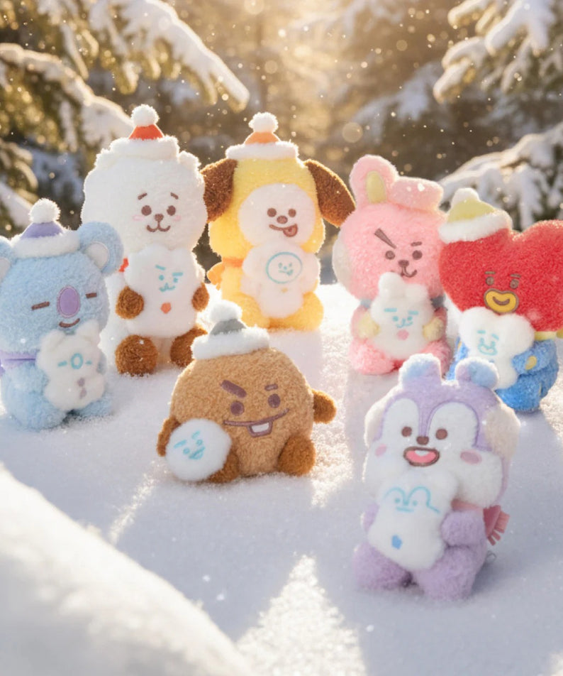BT21  Snowman Doll, peluches BT21 en neige : personnages défilent dans la poudreuse, ambiance hiver féerique.