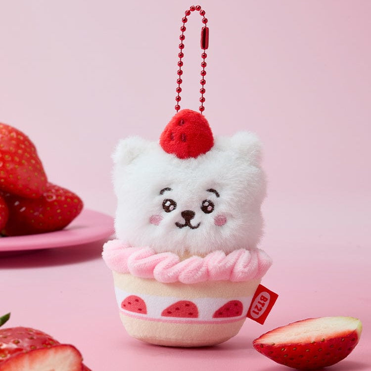 BT21  Strawberry Party Strawberry Tart Doll Keychain : porte-clés peluche mignonne sur tarte aux fraises, décor rose
