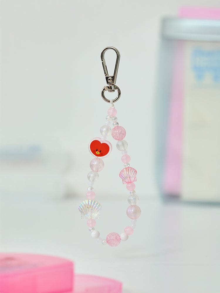 BT21 TATA BABY PEARL BEADED KEYRING, porte-clés perles roses avec TATA, fond pastel et boîte LINE FRIENDS