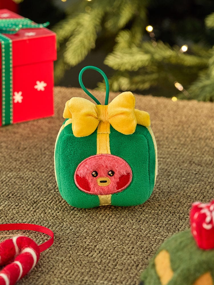 BT21 TATA mini minini ORNAMENT PLUSH KEYRING PETITE HOLIDAY : porte-clés plush TATA vert avec nœud, décor sapin Noël