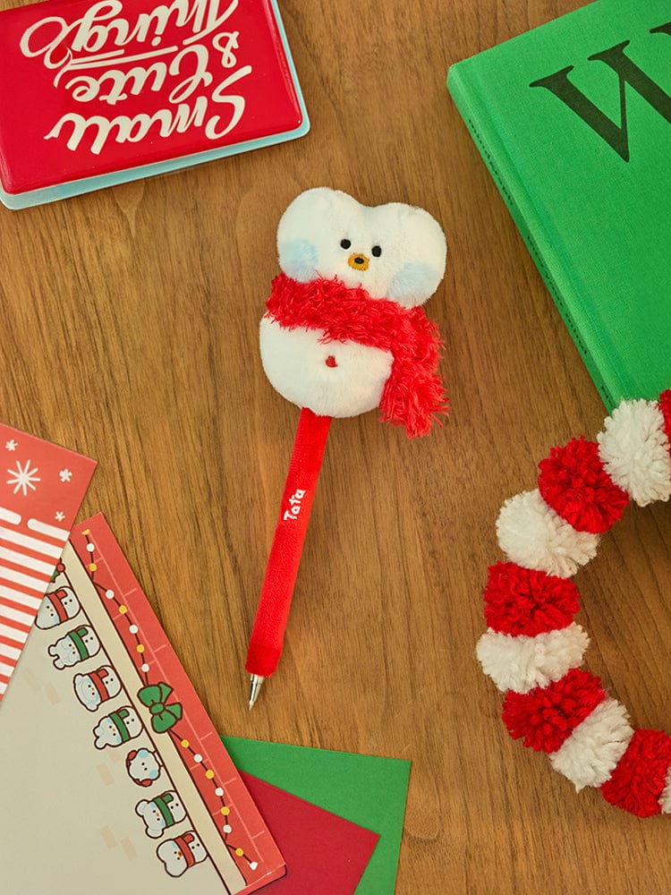 BT21 TATA mini minini SNOWMAN PLUSH GEL PEN PETITE HOLIDAY : stylo peluche flocon TATA sur bureau, ambiance Noël