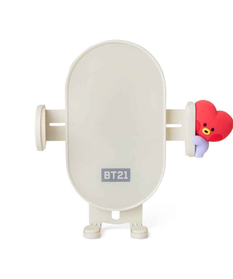 BT21 TATA minini WIRELESS CAR CHARGER officiel LINE FRIENDS, chargeur voiture sans fil blanc avec figurine TATA en contexte tech
