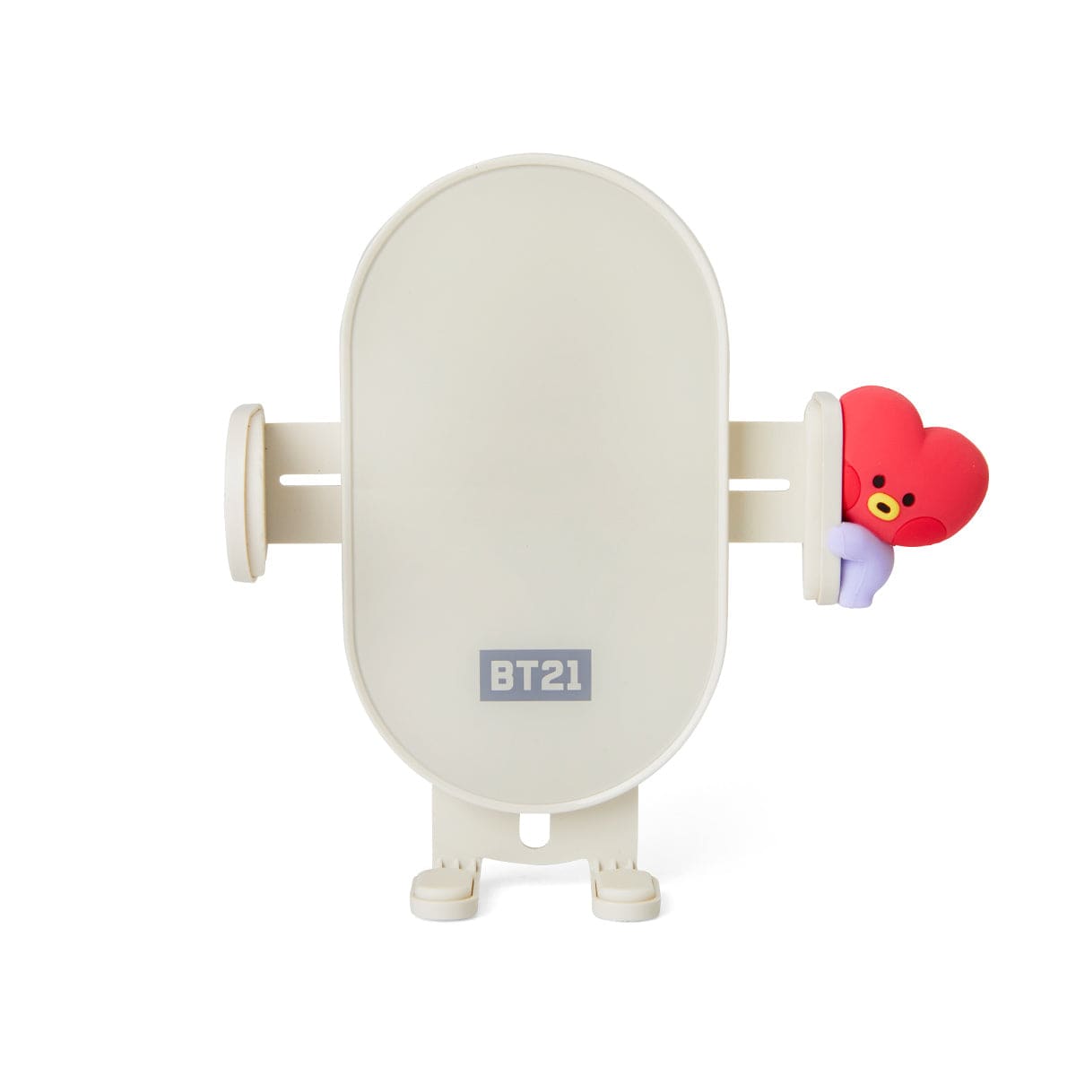 BT21 TATA minini WIRELESS CAR CHARGER officiel LINE FRIENDS, chargeur voiture sans fil blanc avec figurine TATA en contexte tech