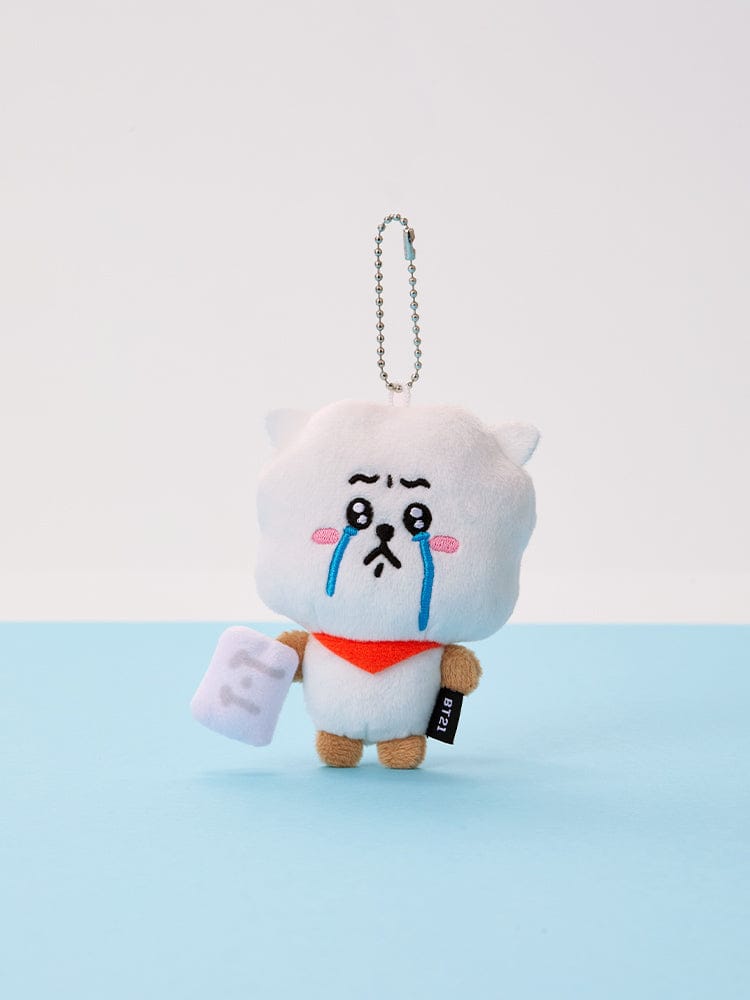 BT21 TEARDROP PLUSH KEYRING TODAY'S FACE, porte-clés peluche LINE FRIENDS BTS, personnage assis sur fond bleu clair