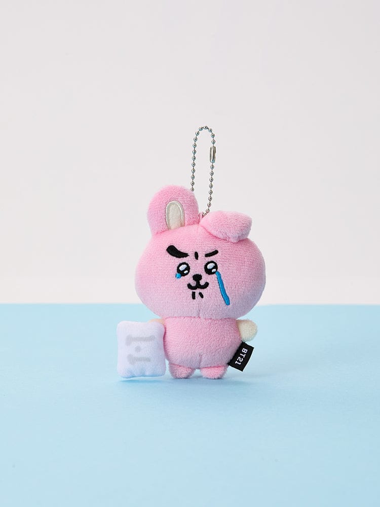 BT21 TEARDROP PLUSH KEYRING TODAY'S FACE, porte-clés peluche rose sur fond bleu clair avec personnage BT21