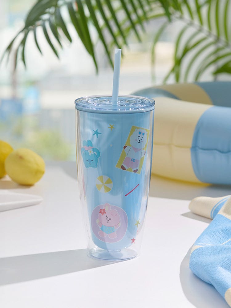BT21 TUMBLER (24 oz) SPLASH EDITION LINE FRIENDS : boisson dans un gobelet bleu kawaii avec paille, intérieur lumineux