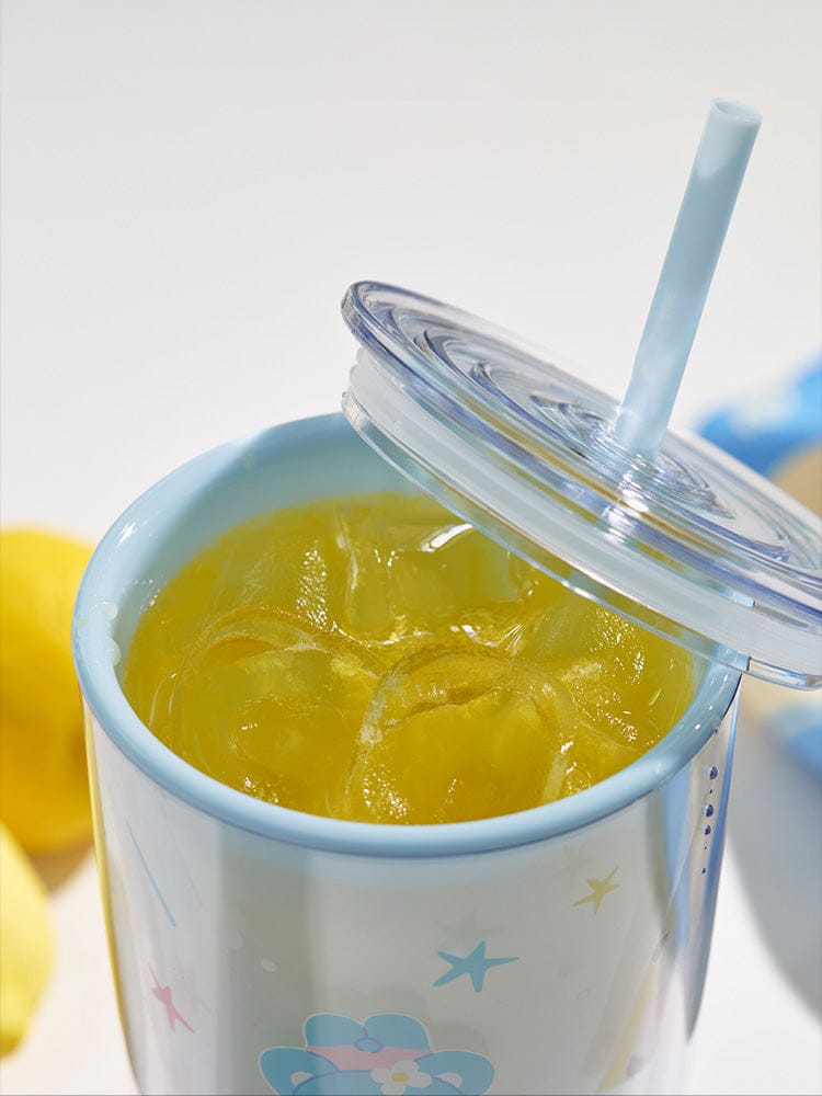 BT21 TUMBLER (24 oz) SPLASH EDITION LINE FRIENDS : gobelet kawaii bleu avec paille, boisson jaune, décor lumineux