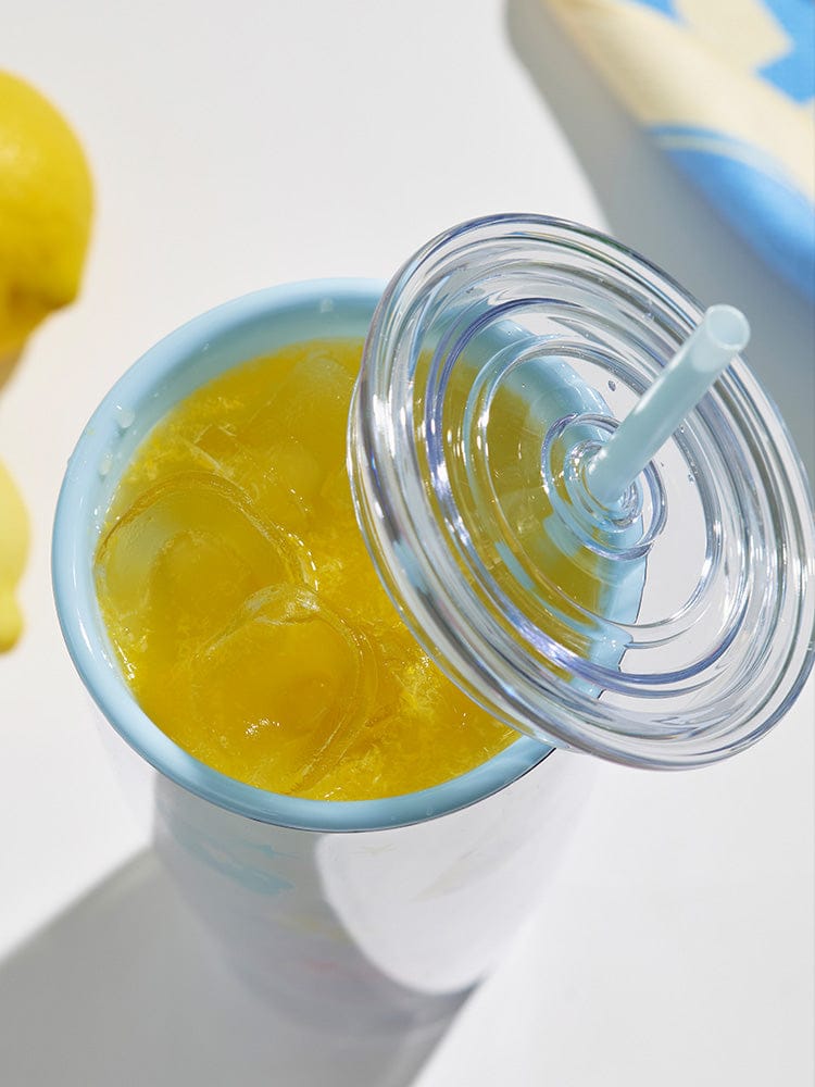 BT21 TUMBLER (24 oz) SPLASH EDITION LINE FRIENDS : gobelet bleu avec paille, boisson jaune, intérieur kawaii.