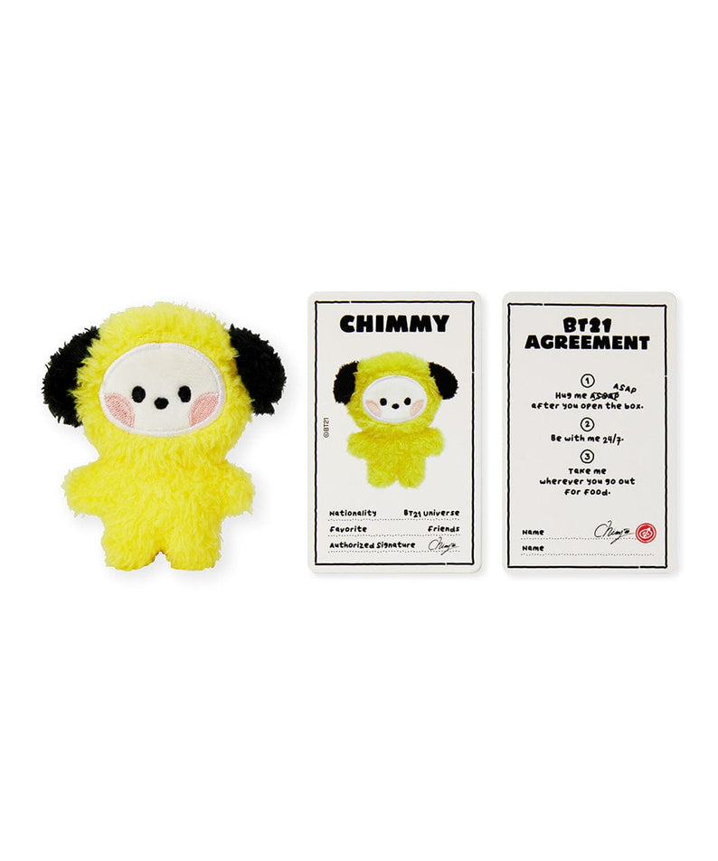 BT21 mini minini CHIMMY DOLL : petite peluche CHIMMY jaune sur fond blanc, présentation avec cartes de collection.