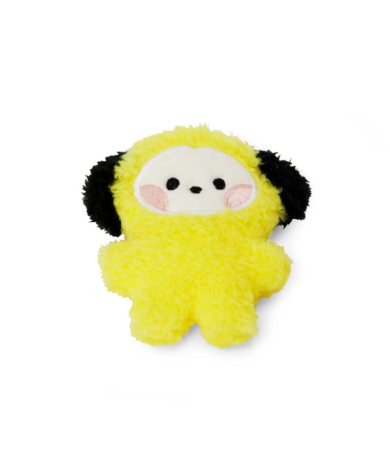 BT21 mini minini CHIMMY DOLL, peluche jaune CHIMMY (Jimin BTS) sur fond blanc, style mini mignon et minimaliste.