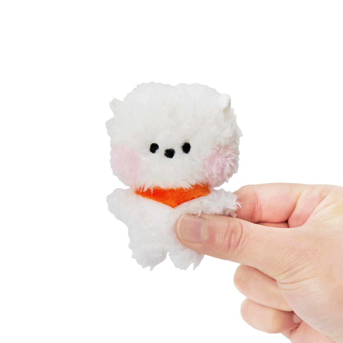 BT21 mini minini RJ DOLL officielle : peluche alpaga blanc aux formes arrondies, main tenant la mini peluche sur fond blanc.