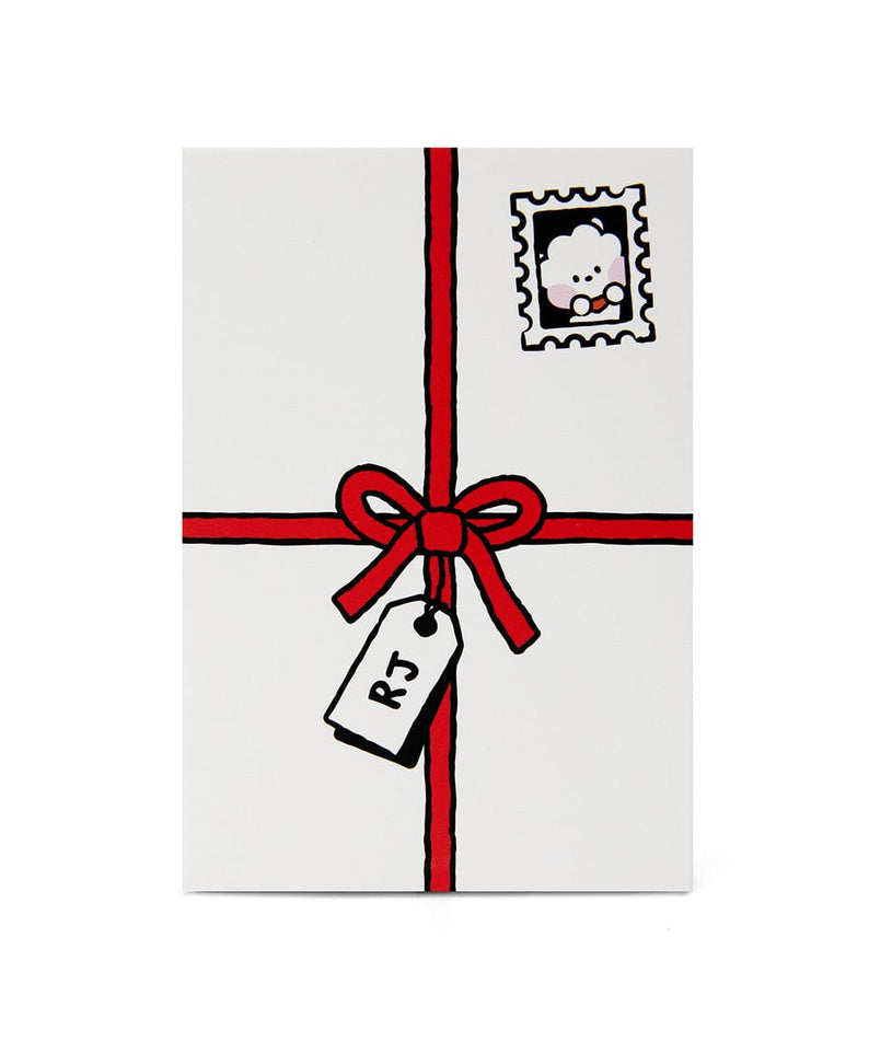 BT21 mini minini RJ DOLL : peluche officielle Jin BTS sur emballage cadeau blanc avec ruban rouge et étiquette RJ.