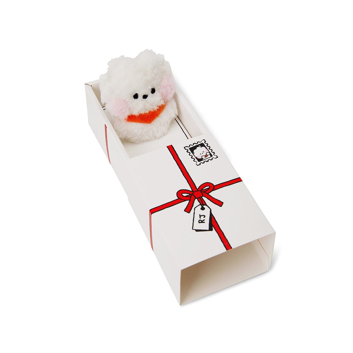BT21 mini minini RJ DOLL, peluche officielle alpaga Jin, dans sa boîte cadeau blanche, décor minimaliste chambre.