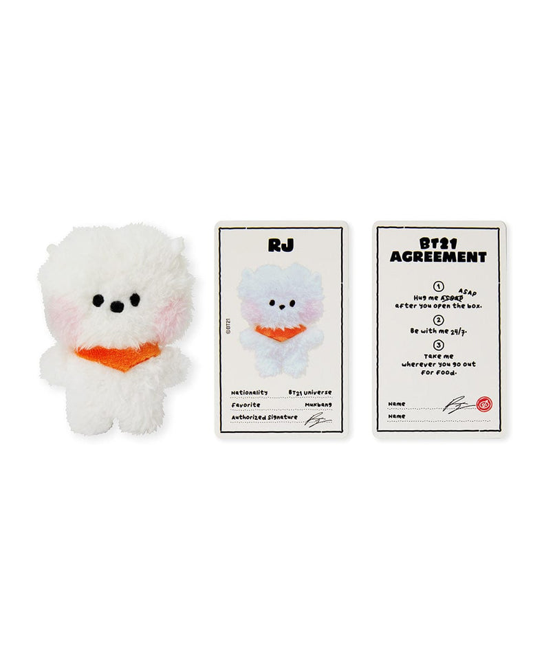 BT21 mini minini RJ DOLL : peluche alpaga blanche Jin BTS, style minimaliste, pack avec étiquette officielle sur fond blanc.