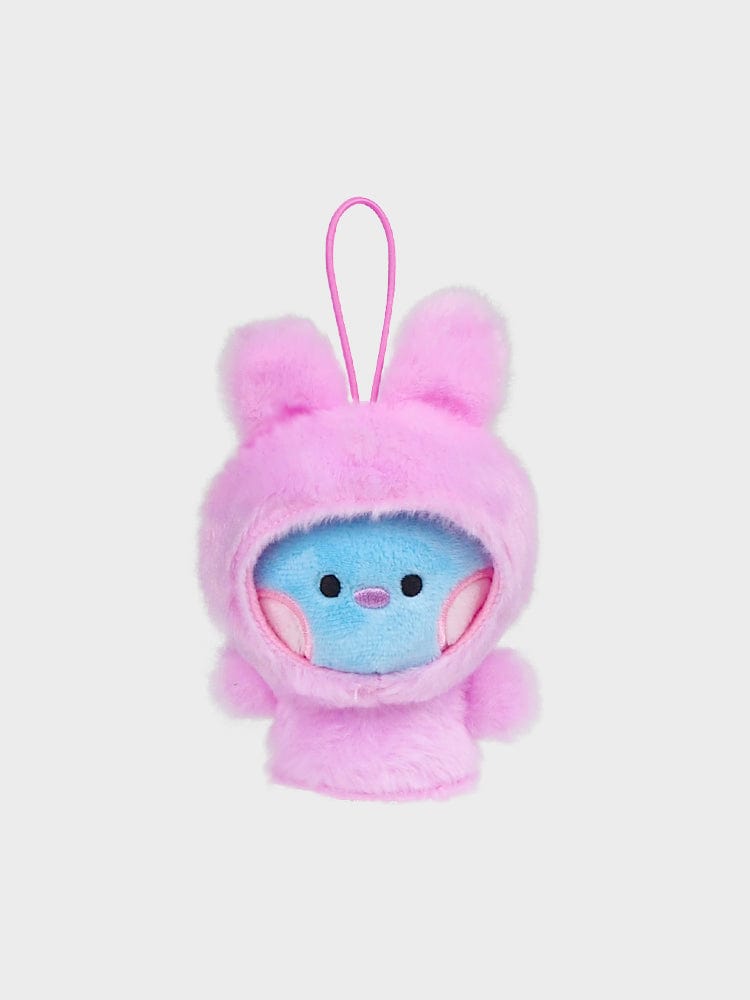 BT21 minini FINGER PUPPET & KEYRING, porte-clés LINE FRIENDS BTS, mini peluche rose avec poupon bleu, sur fond clair