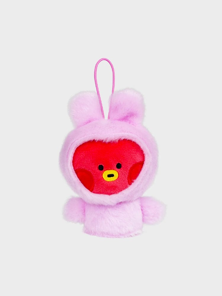 BT21 minini FINGER PUPPET & KEYRING de LINE FRIENDS, mini porte-clés peluche violet avec figurine rouge, fond clair.