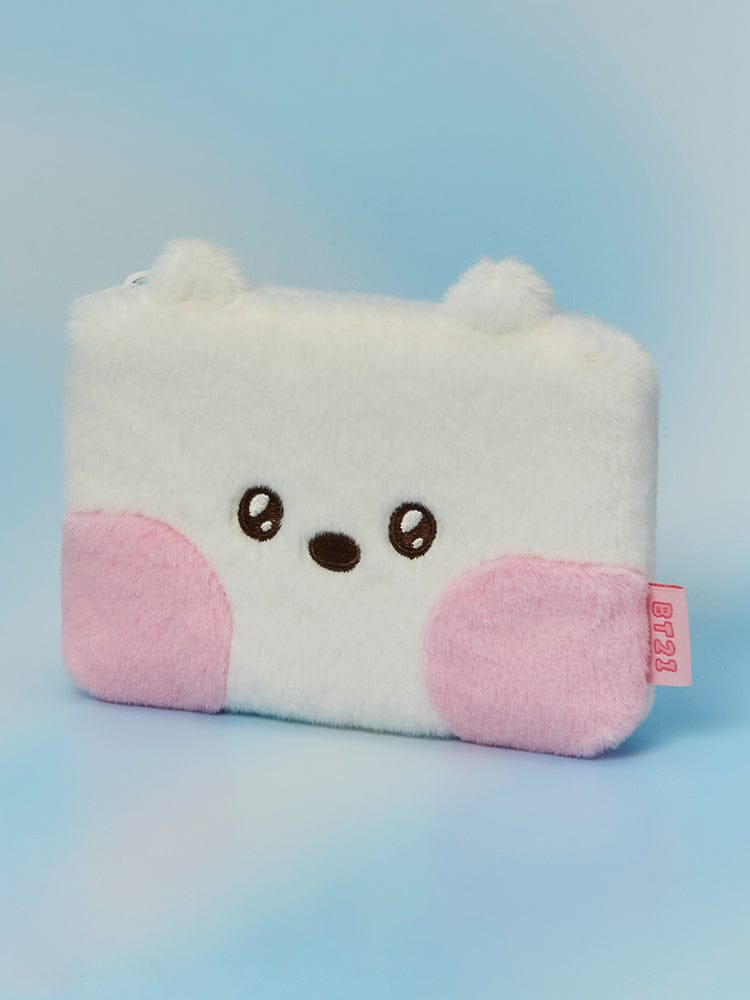 BT21 minini POUCH HUG ME : pochette blanche LINE FRIENDS avec ourson minini, design câlin, fond bleu clair
