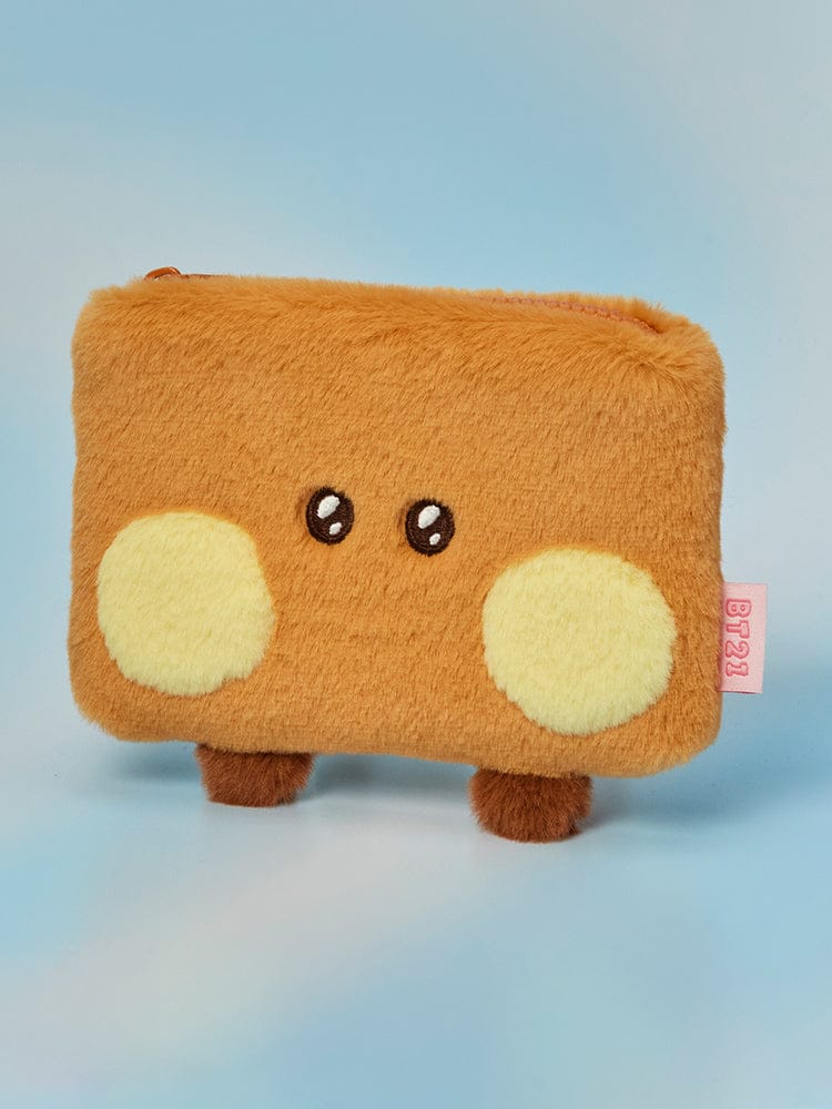 BT21 minini POUCH HUG ME LINE FRIENDS : petite pochette en peluche orange au design minini, personnages mignons sur fond bleu.
