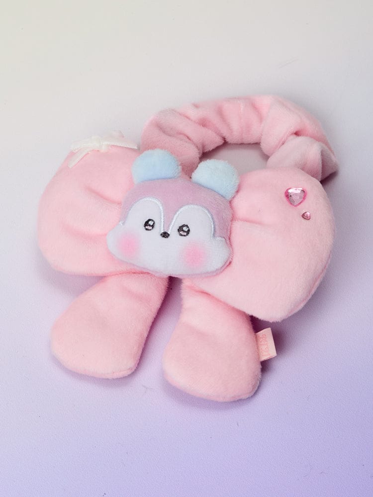 BT21 minini RIBBON PLUSH BAND RIBBONED U, peluche LINE FRIENDS rose, rubans et visage mignon sur fond blanc.