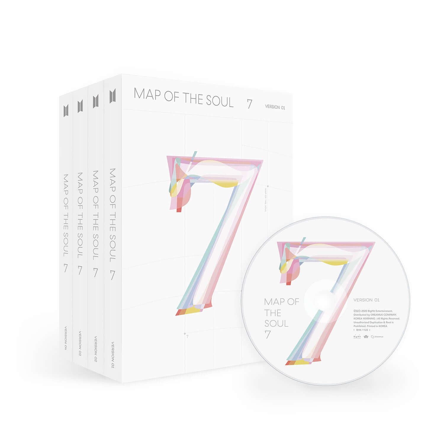 BTS - [MAP OF THE SOUL : 7] (1,2,3,4 Ver. Random) - Album Kpop : coffret et CD sur fond clair, visuel 7 coloré.
