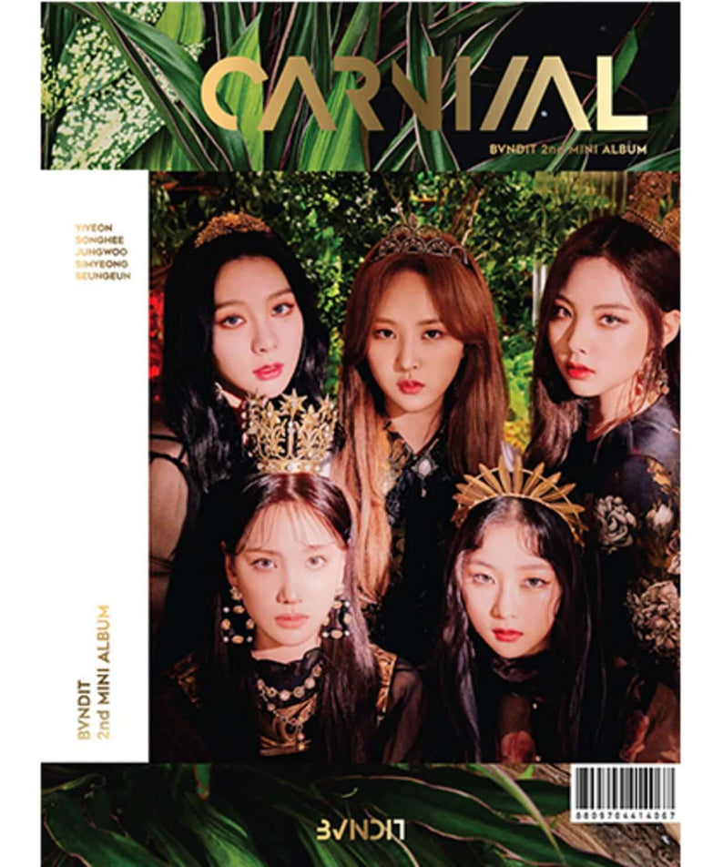 BVNDIT - 2nd Album [Carnival] - Album Kpop : pochette avec 5 membres, décor jungle, visuels Kpop colorés.