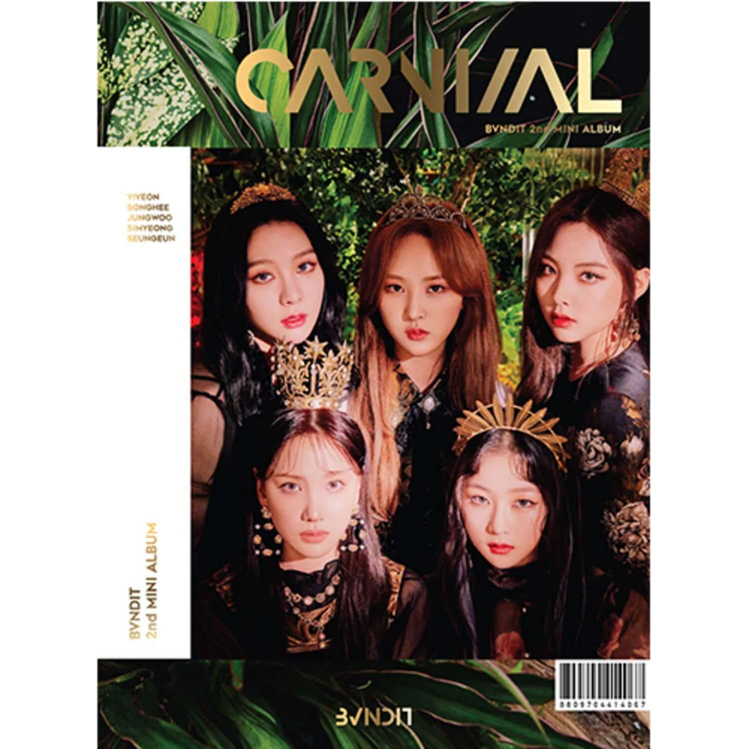 BVNDIT - 2nd Album [Carnival] - Album Kpop : pochette avec 5 membres, décor jungle, visuels Kpop colorés.