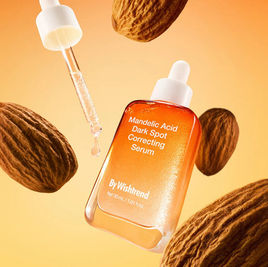 BY WISHTREND Mandelic Acid Dark Spot Correcting Serum 30ml, flacon orange avec embout compte-gouttes, amandes en fond.
