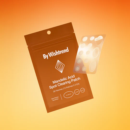 BY WISHTREND Mandelic Acid Spot Clearing Patch 39 Patches, pack ByWishtrend sur fond orange, avec patchs illustrés