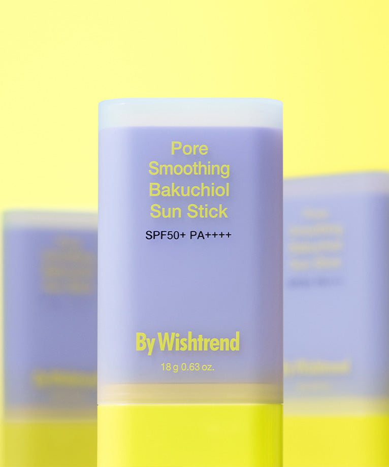 BY WISHTREND Pore Smoothing Bakuchoil Sun Stick 18g, stick solaire sur fond jaune, produit By Wishtrend