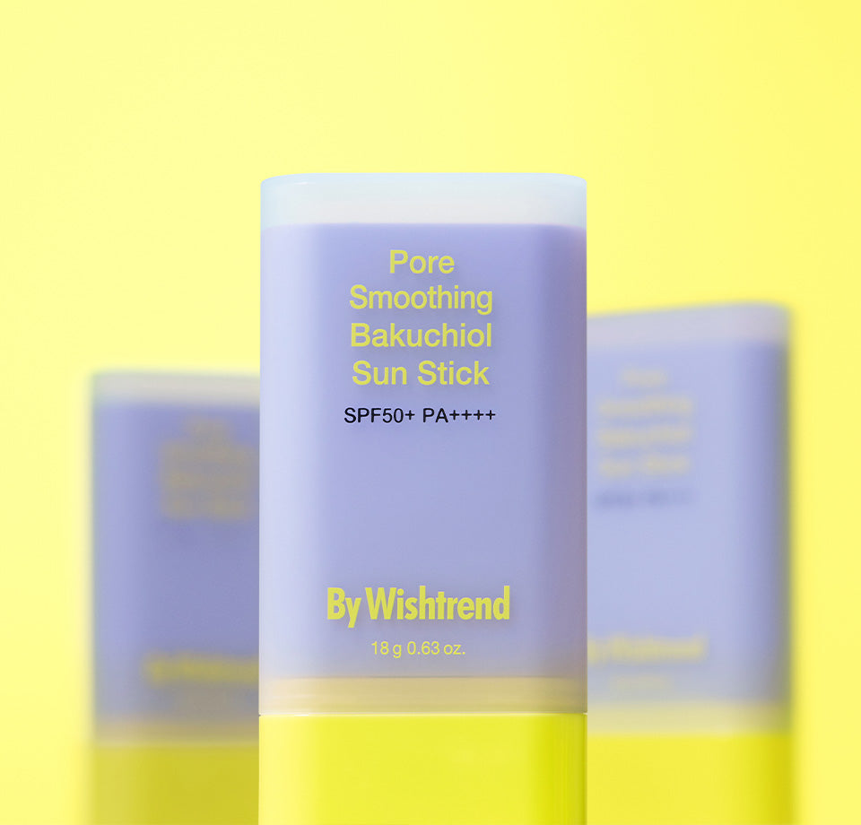 BY WISHTREND Pore Smoothing Bakuchoil Sun Stick 18g, stick solaire sur fond jaune, produit By Wishtrend