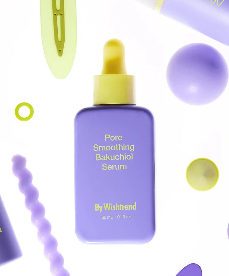 Sérum BY WISHTREND Pore Smoothing Bakuchiol 30ml en bouteille violette avec texture lisse, pour un soin optimal de la peau.