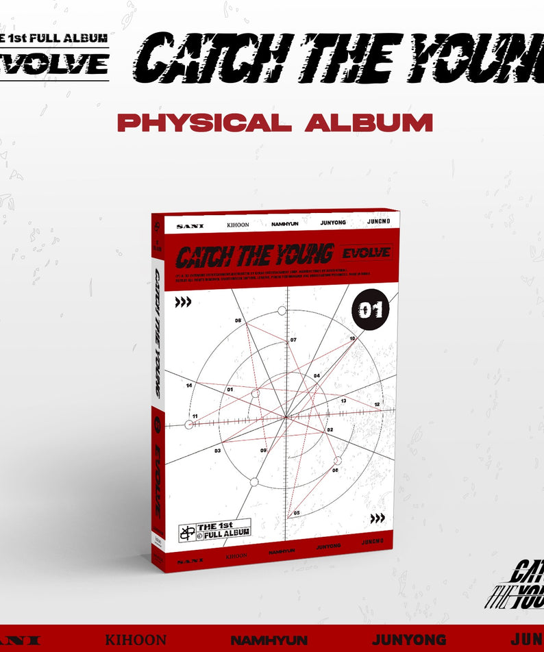 CATCH THE YOUNG - 1st Album [EVOLVE] (CD) - Album Kpop, visuel boîte physique sur fond graphique noir et blanc