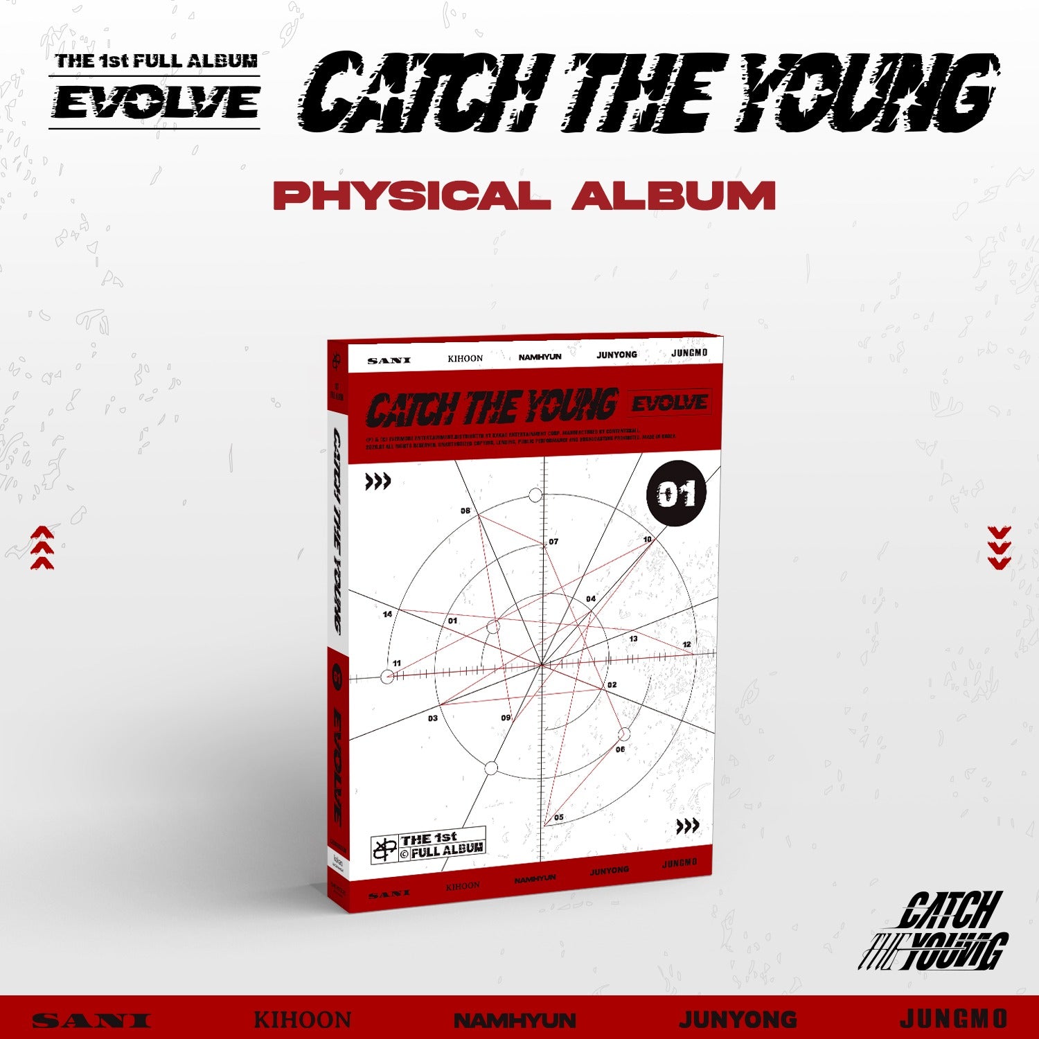 CATCH THE YOUNG - 1st Album [EVOLVE] (CD) - Album Kpop, visuel boîte physique sur fond graphique noir et blanc