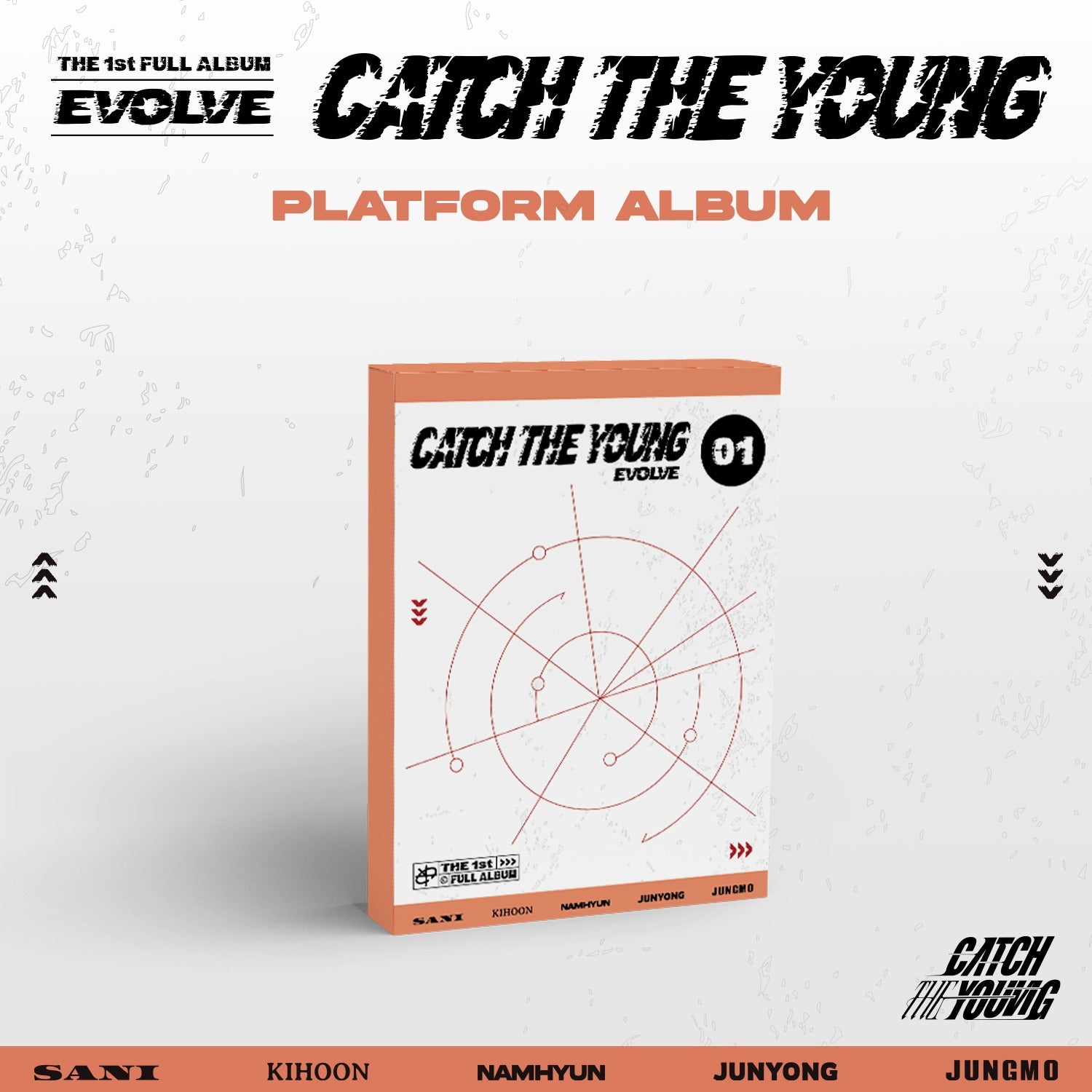 CATCH THE YOUNG - 1st Album [EVOLVE] (PLATFORM ALBUM) - Album Kpop : visuel de la pochette, typographie et illustrations