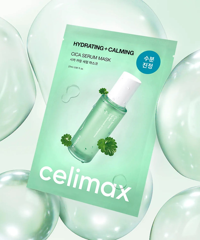 CELIMAX Cica Serum Mask 10 Sheets de Celimax, sachets et flacon vert au milieu de bulles façon skincare.