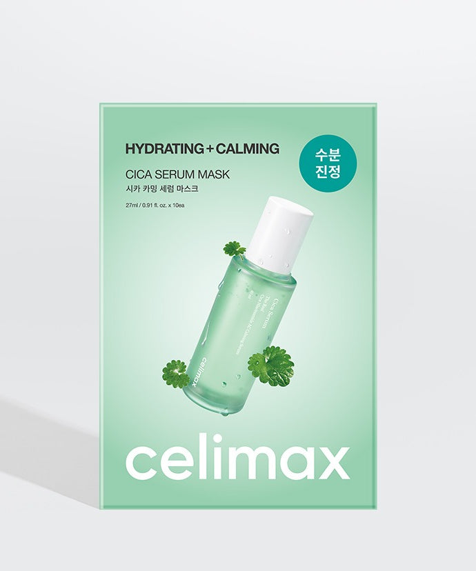 CELIMAX Cica Serum Mask 10 Sheets, masque hydratant apaisant, boîte verte sur fond blanc avec sérum et motif cica